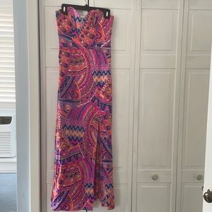 Alice & Trixie hot pink multi print strapless silk dress